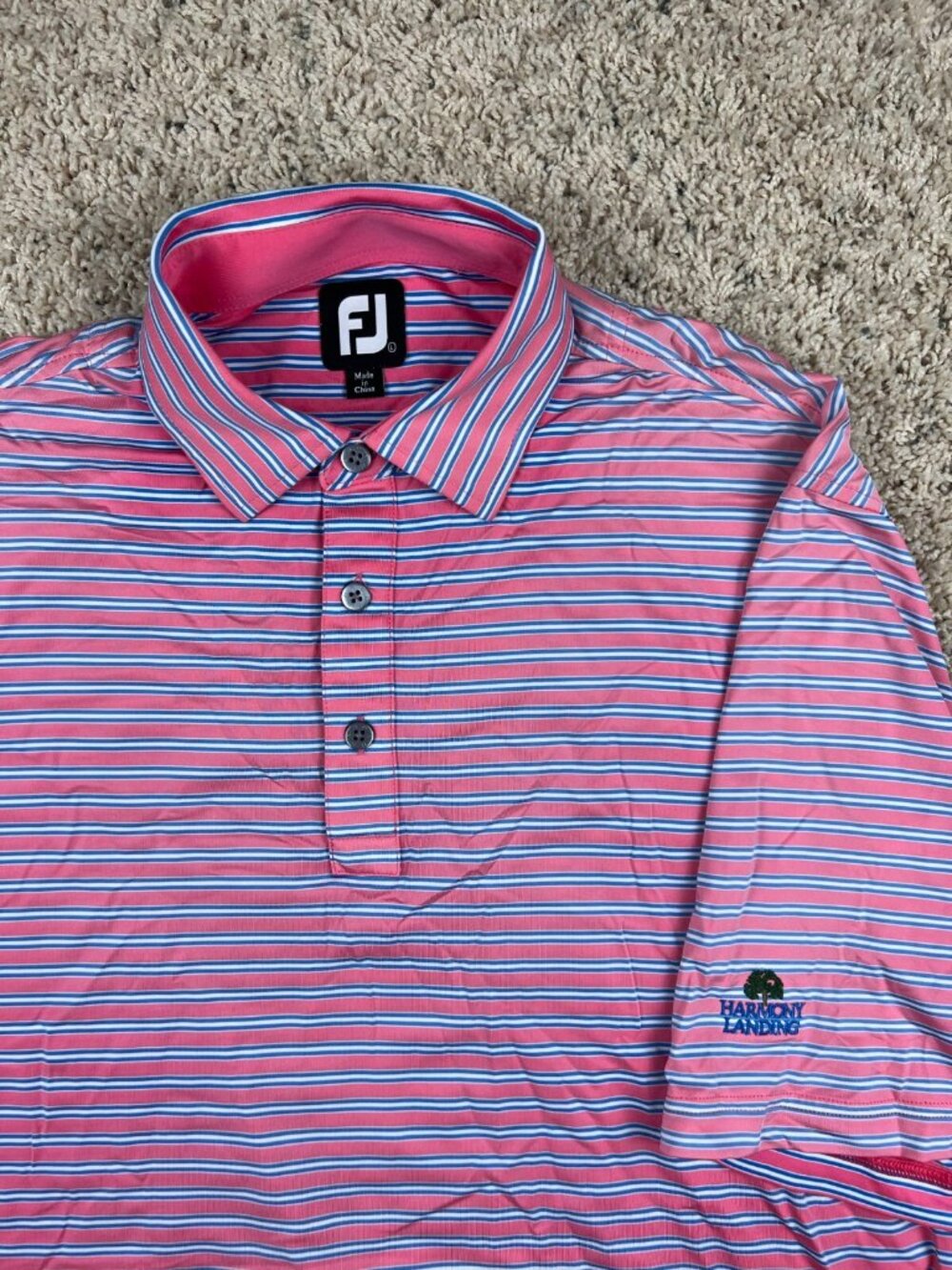 FootJoy Men Short Sleeve Pink Blue Striped Golf Polo Shirt Large Harmony Landing